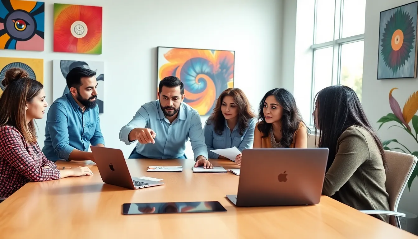 diverse professionals collaborating in a modern office setting.