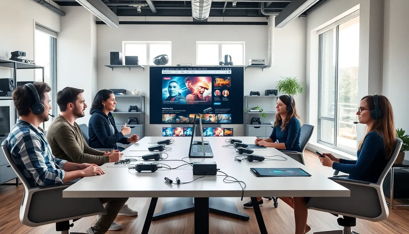 diverse gamers discussing in a modern workspace.