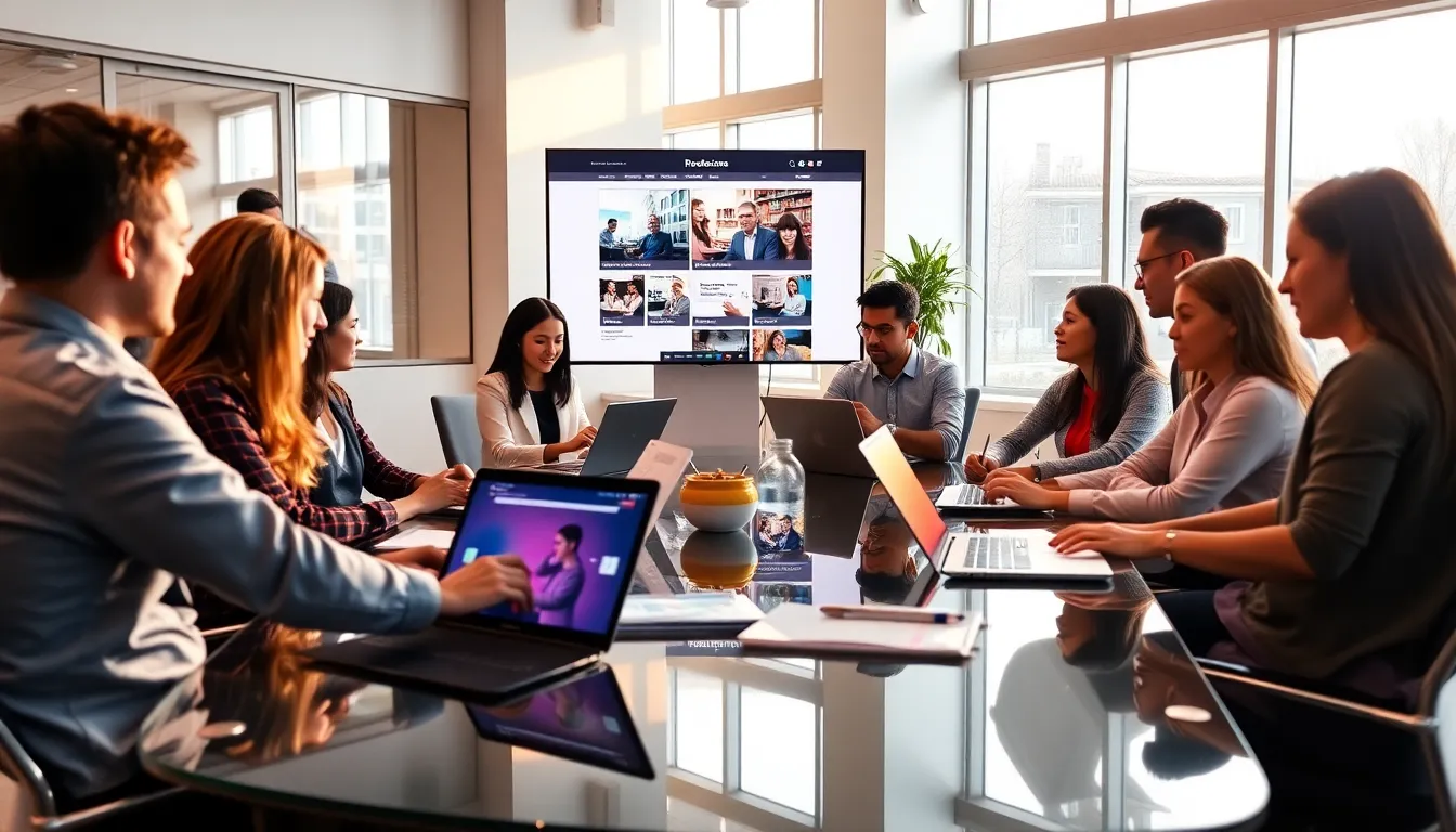 diverse team collaborating in a modern digital workspace.